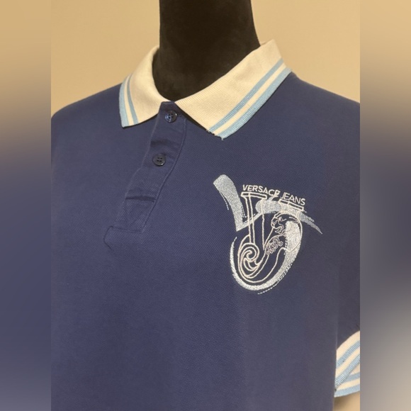 EUC Versace Jeans Blue and White Embroidered Logo Polo size medium - Picture 2 of 6